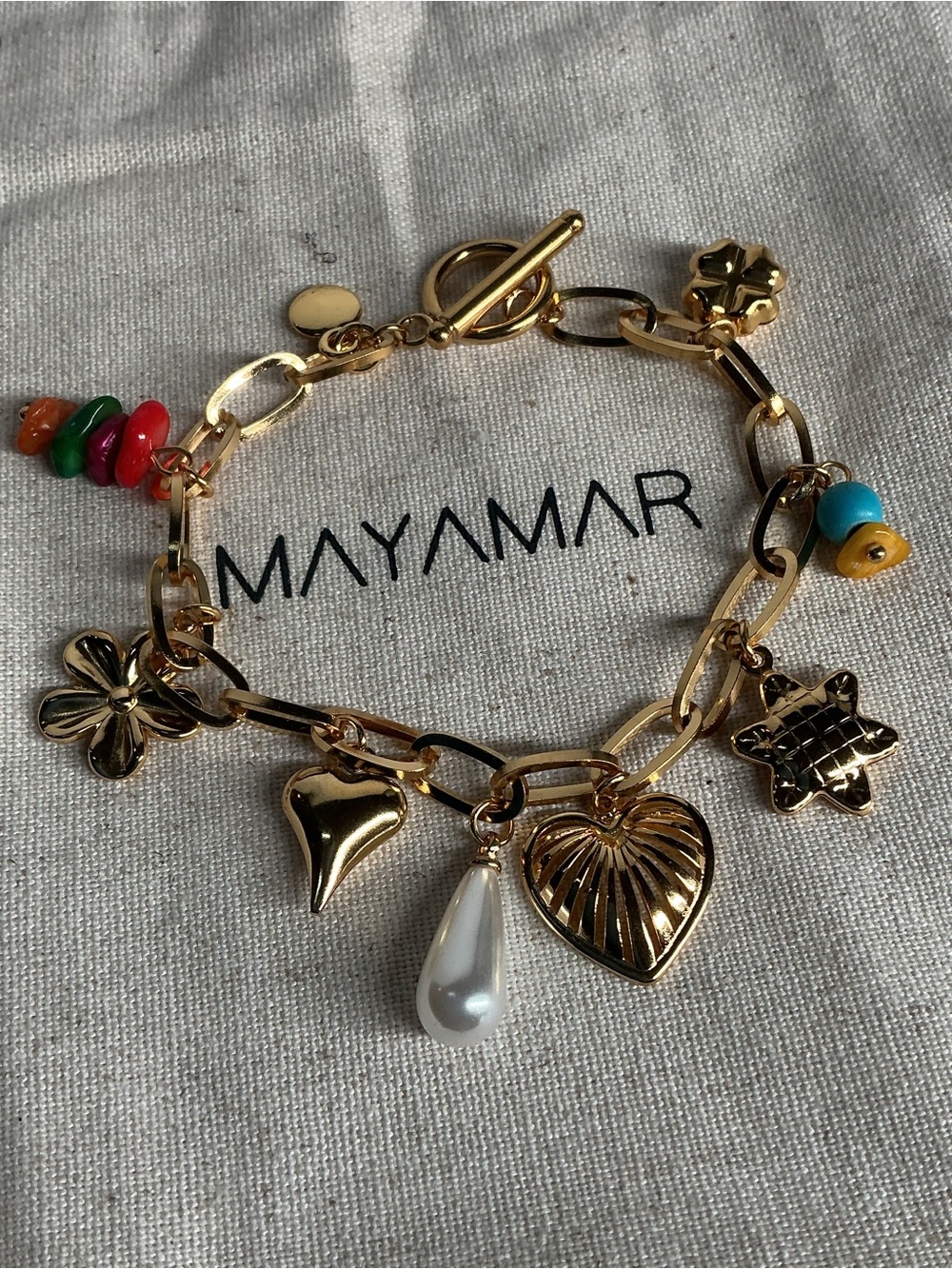 Gold Charm Link Bracelet with Heart, Pearl Drop & Floral Accents by Mayamar